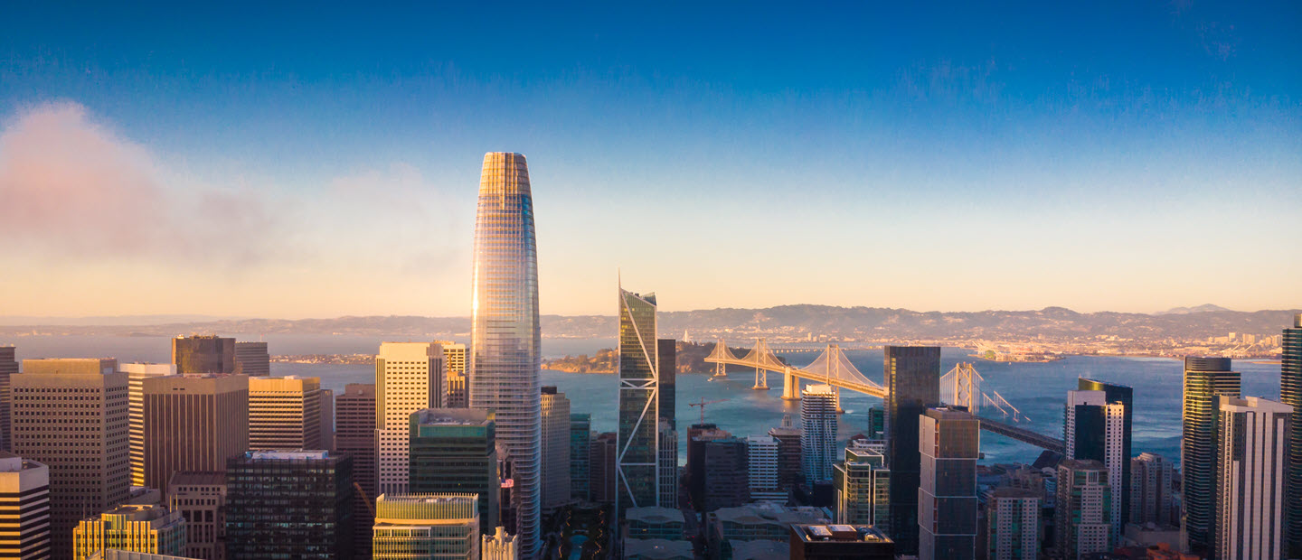 Aerial view of San Francisco skyline at sunset