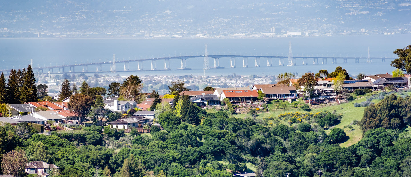 View of the San Francisco peninsula hills and San Mateo bridge