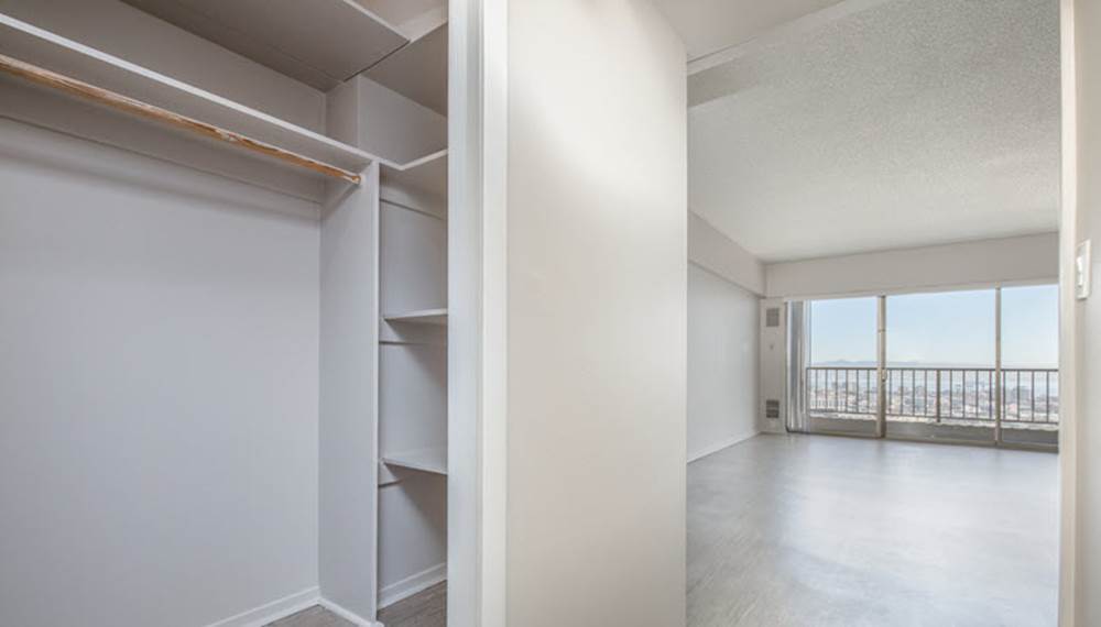 Fox Plaza Studio Walk-in Closet with View and hardwood floors