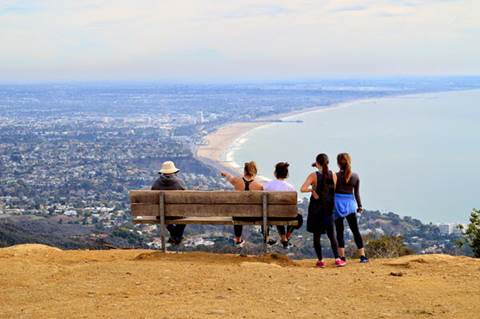 People sitting on a bench overlooking the ocean