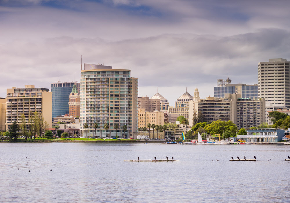 Lake Merritt on a cloudy day with downtown Oakland in the background. 