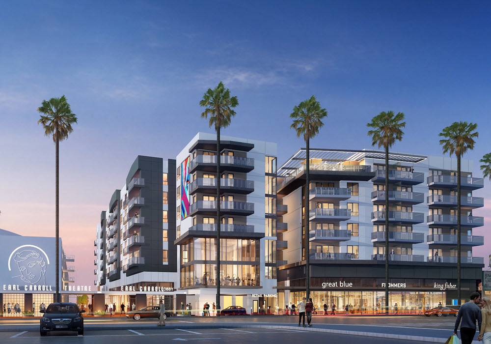 Exterior of Wallace on Sunset Apartments in Los Angeles at dusk.