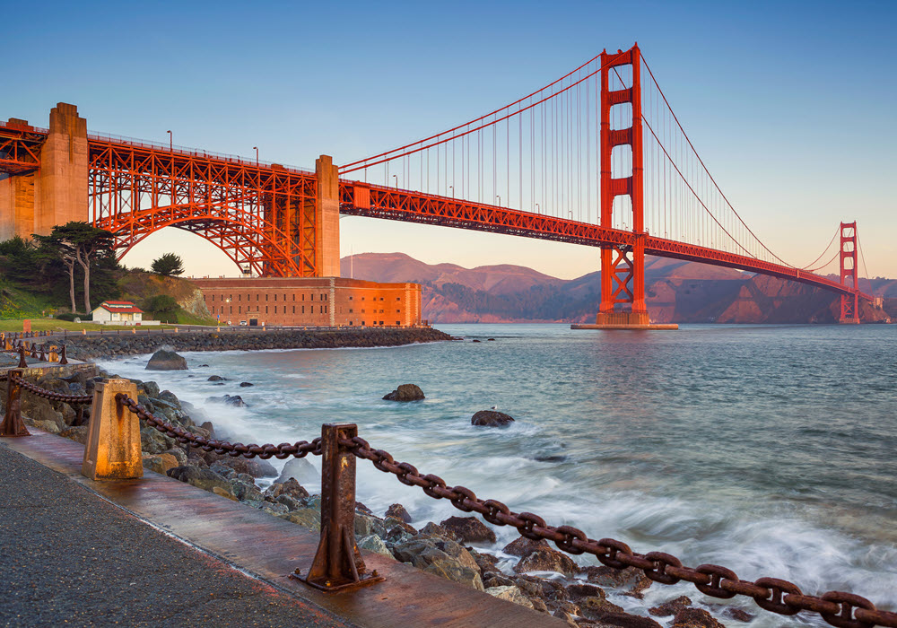 The Golden Gate Bridge at sunset.