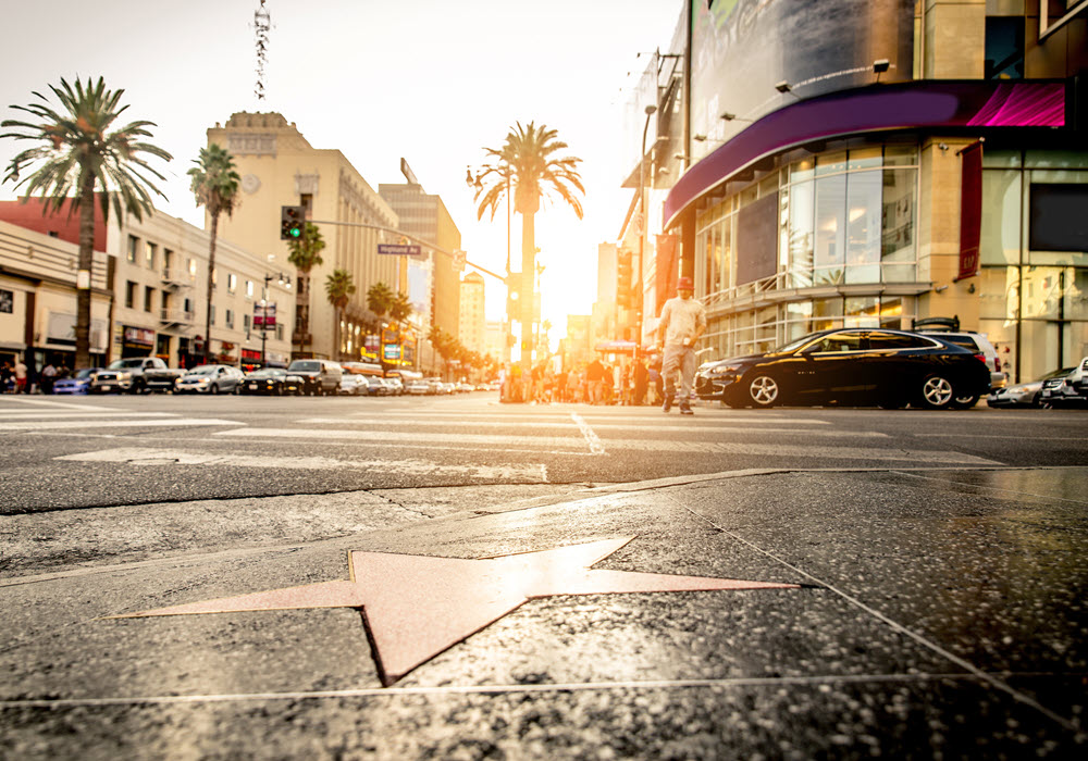 Hollywood star street at sunset.