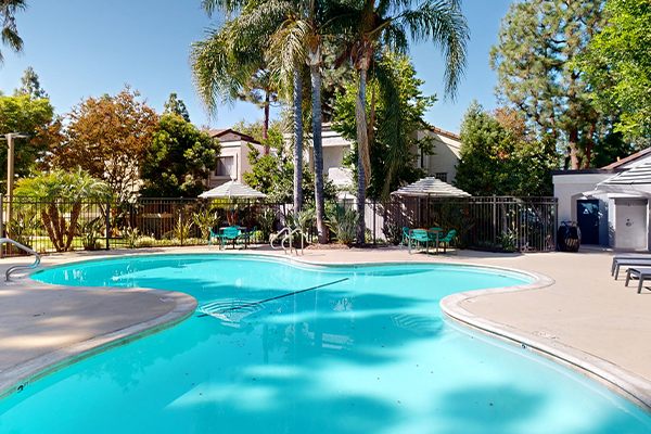 Outdoor swimming pool area with lounge seating surrounded by trees.