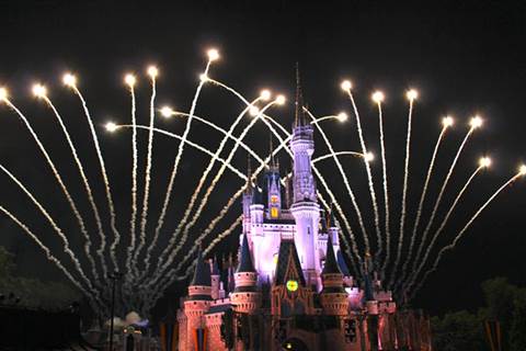 Fireworks in front of Disneyland's  Sleeping Beauty Castle at night.