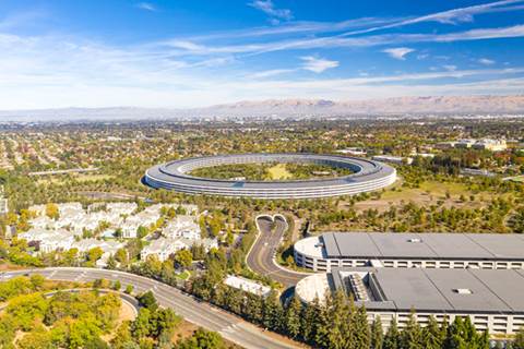 Aerial view of Apple's headquarters and landscaping.