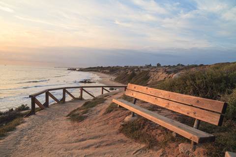 Bench alongside pathway overlooking body of water.