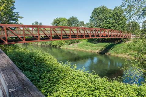 Bridge over river surrounded by greenery